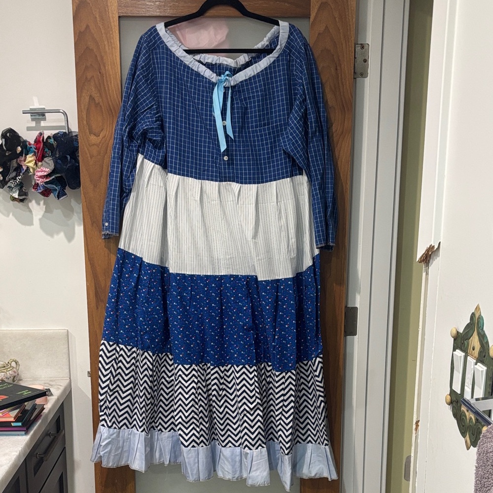Handmade Patchwork Colorblock Blue White Prairie Dress